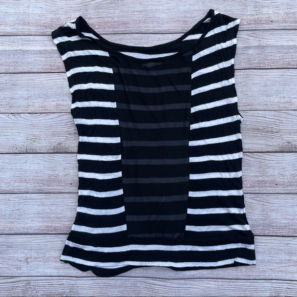Zenana Outfitters Top  women’s Small black white stripes w/sheer back stripes - Picture 4 of 6